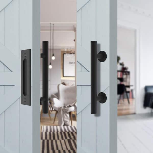 12 in. Black Ladder Pull and Flush Sliding Barn Door Handle Set (2-Pack) 12 in. Black Ladder Pull and Flush Sliding Barn Door Handle Set (2-Pack)