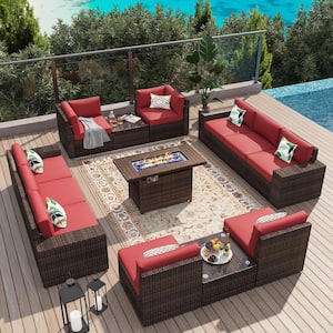 13-Piece Outdoor Rattan Wicker Patio Conversation Set with Fire Pit Table Red Cushions