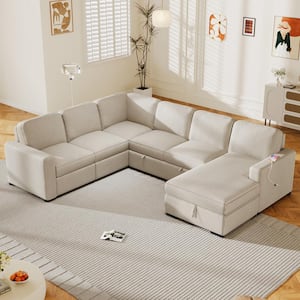 116.5 in. Corduroy(Polyester) U-Shape Sectional Sofa in. Beige with Hidden Storage Lounge, USB Charging, Pull-out Sofa