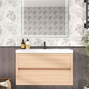 Louis 36 in. W x 20 in. D x 22 in. H Single Sink Floating Bath Vanity in Champagne Oak with White Acrylic Top