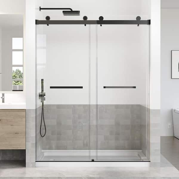 56-60 in. W x 76 in. H Double Sliding Frameless Shower Door in Black Finish with 5/16 in. (8 mm) Tempered Glass