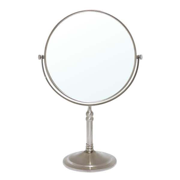 MODONA 8 in. 2-Sided 1X and 5X Brass 14 in. Counter Top Magnifying Makeup Mirror in Satin Nickel