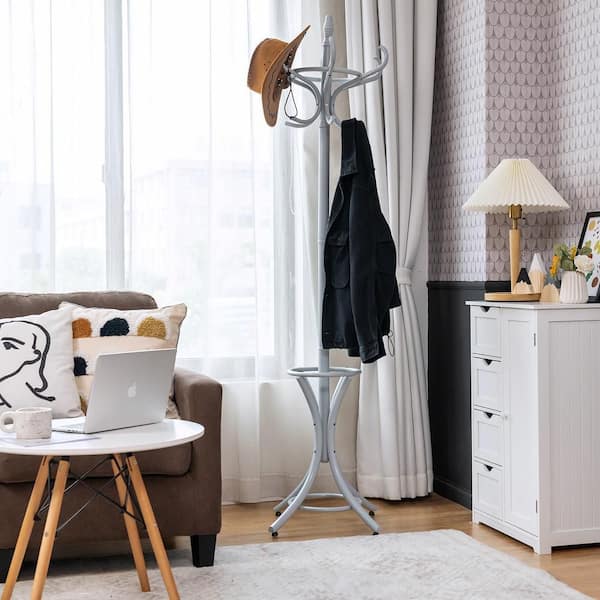Coat Rack Grey Free Standing Solid Wood Cat Tree with 12 Hooks and Umbrella Holder
