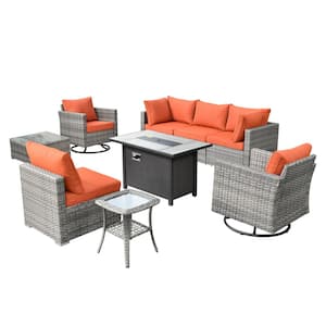 Harlotte 9-Piece Wicker Patio Rectangular Fire Pit Set with Orange Red Cushions and Swivel Rocking Chairs