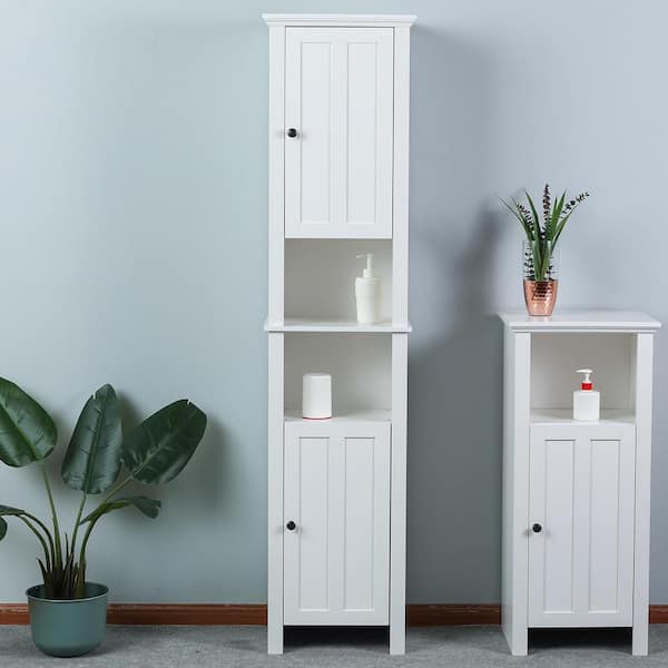 URTR Modern White Narrow Tall Slim Floor Cabinet with 2 Glass Doors and Adjustable Shelves for Bathroom, Entryway, Kitchen