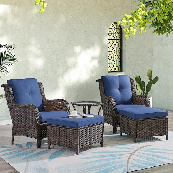 ArcoBay 5-Piece Brown Wicker Outdoor Lounge Chairs Patio Conversation Set with Navy Blue Cushions and Ottomans