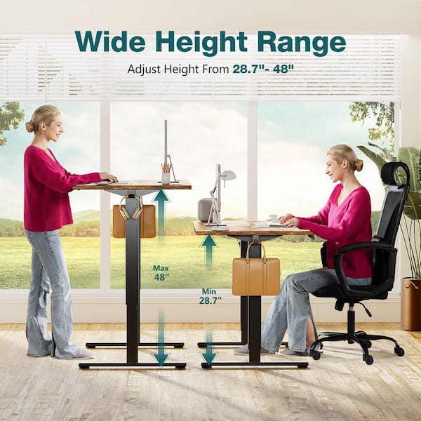 55 in. Rectangular Brown Wood Electric Standing Desk with Hooks and Wire Holes