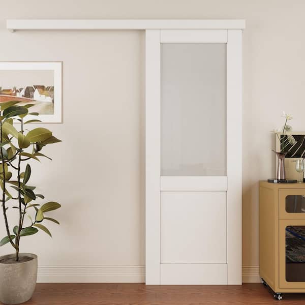 30 in. x 80 in. Hidden Track Style 1/2 Lite Frosted Glass White Primed MDF Sliding Barn Door with Hardware Kit