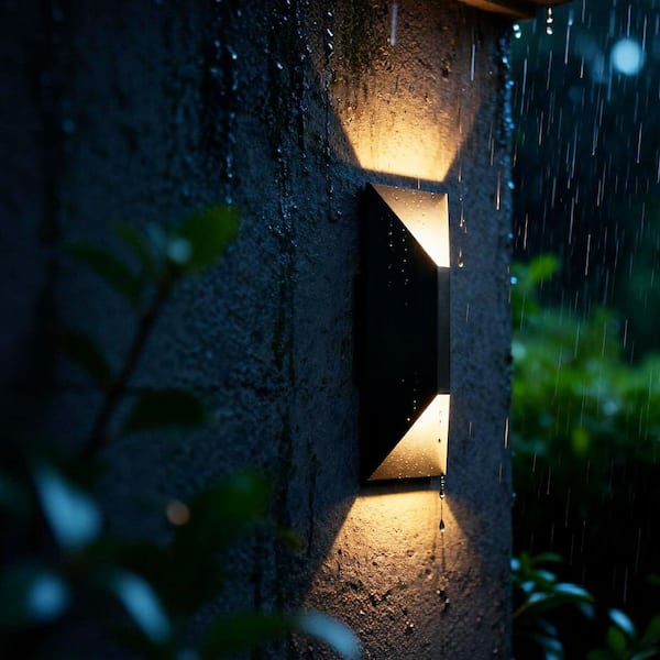 14.5 in. Modern Black LED Outdoor Wall Light, Rectangular Geometric Wall Sconce with 3000K Warm Glow, 2-Pack