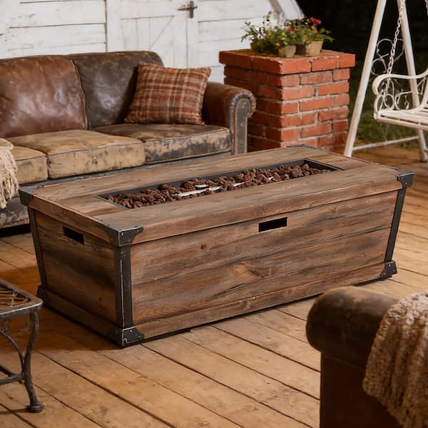 56 in. Brown Wood Pattern Rectangular Propane Outdoor Fire Pit