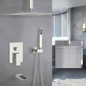 3-Spray 16 in. Square Shower System with Waterfall Tub Spout 1.8 GPM Ceiling Mount Shower Faucet in Brushed Nickel