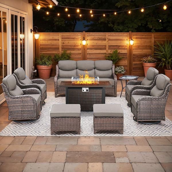 JHXL Brown Rattan Wicker 9-Piece Outdoor Patio Conversation Set with Gray Cushions, Rectangular Fire Pit Table
