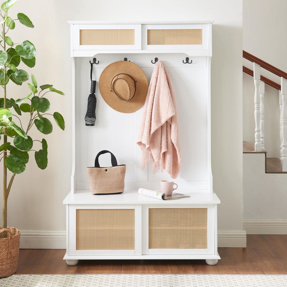 40.16 in. W x 15.58 in. D x 64.17 in. H White Wood Hall Tree with Rattan Do