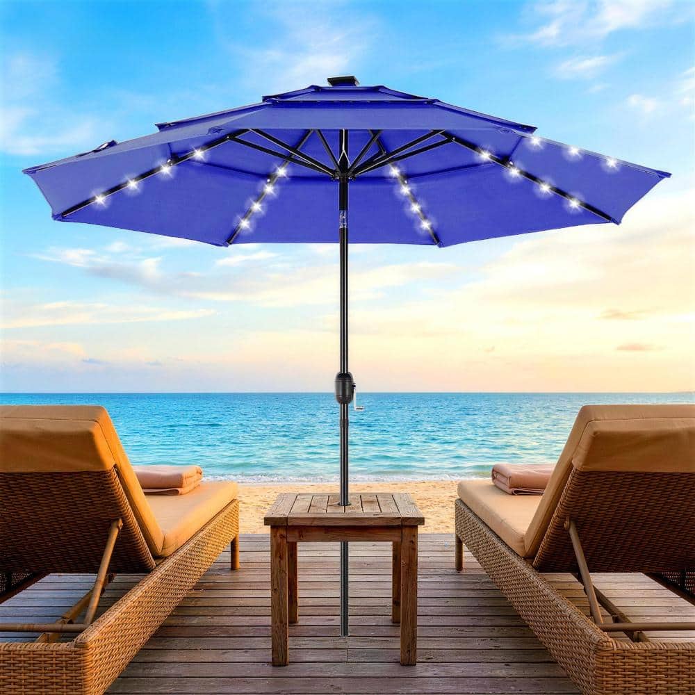 light blue patio umbrella with lights Round Our umbrella made of polyester fiber which waterproof UV resistant Yangming Outdoor 10 ft. Metal