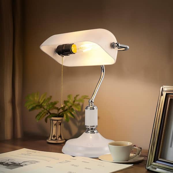 15 in. Silver Bankers Lamp with White Glass Shade and Pull Chain, 350° Adjustable Desk Lamp Ideal for Home or Office Use