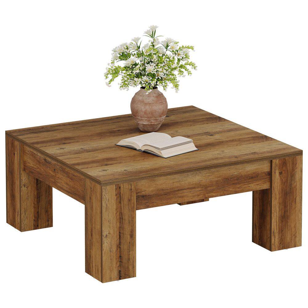 Allan 39.4 in. Rustic Brown Square Wood Coffee Table with Thick Sturdy Legs, Large Center Table with Spacious Tabletop