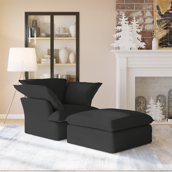 J&E Home Black Linen Armchair with Ottoman and Pillow