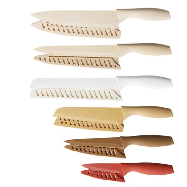 12-Piece Brown Stainless Steel Kitchen Knife Set with Blade Guards, Blade with Nonstick Ceramic Coating