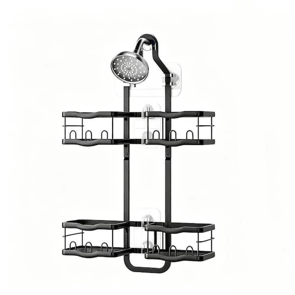 2-Tier Aluminum Alloy Shower Caddy, No Drilling Over Shower Head Organizer with Hooks in Black