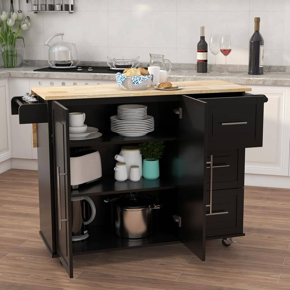 Black Wood 43.7 in. Kitchen Island on Wheels with Spice Rack and Towel Rack