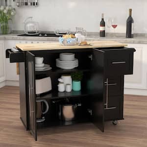 Black Wood 43.7 in. Kitchen Island on Wheels with Spice Rack and Towel Rack