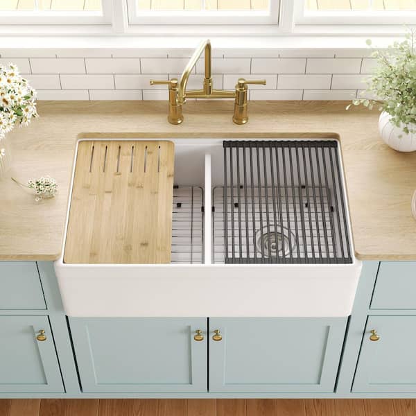 33 in. Fireclay Double Bowl Farmhouse Apron Undermount Workstation Kitchen Sink in White with Accessories