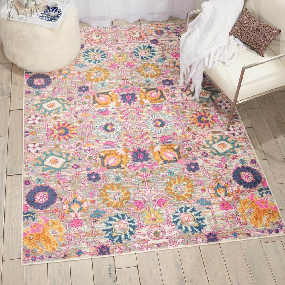 Elysian Silver Floral 5'3" x 7'3" Synthetic Area Rug