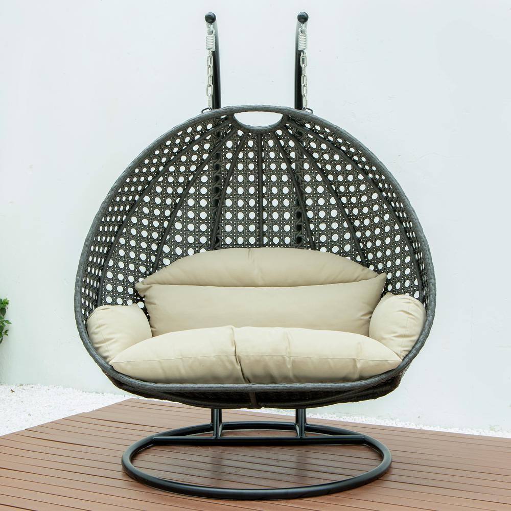 Charcoal Wicker Double Egg Hanging Chair with Taupe Cushions