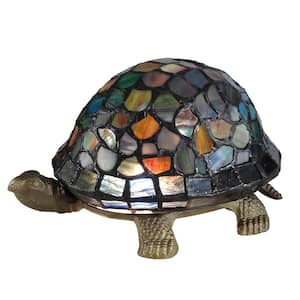 Blue Turtle 4.25 in. Antique Brass Accent Lamp with Tiffany Glass Shade
