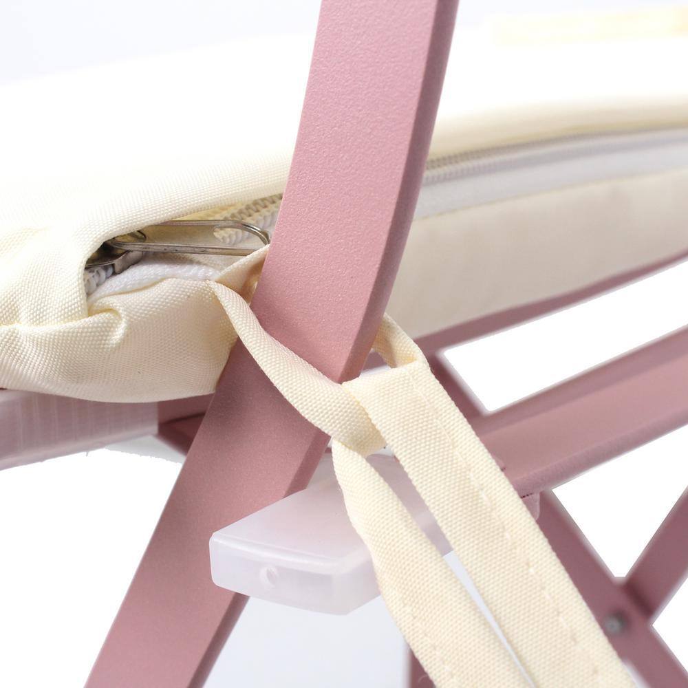 Detail of chair frame connection with white strap.