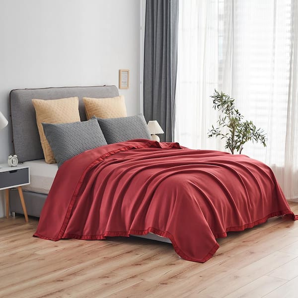 Burgundy Polyester Queen Fleece Blanket with Satin Binding Edges