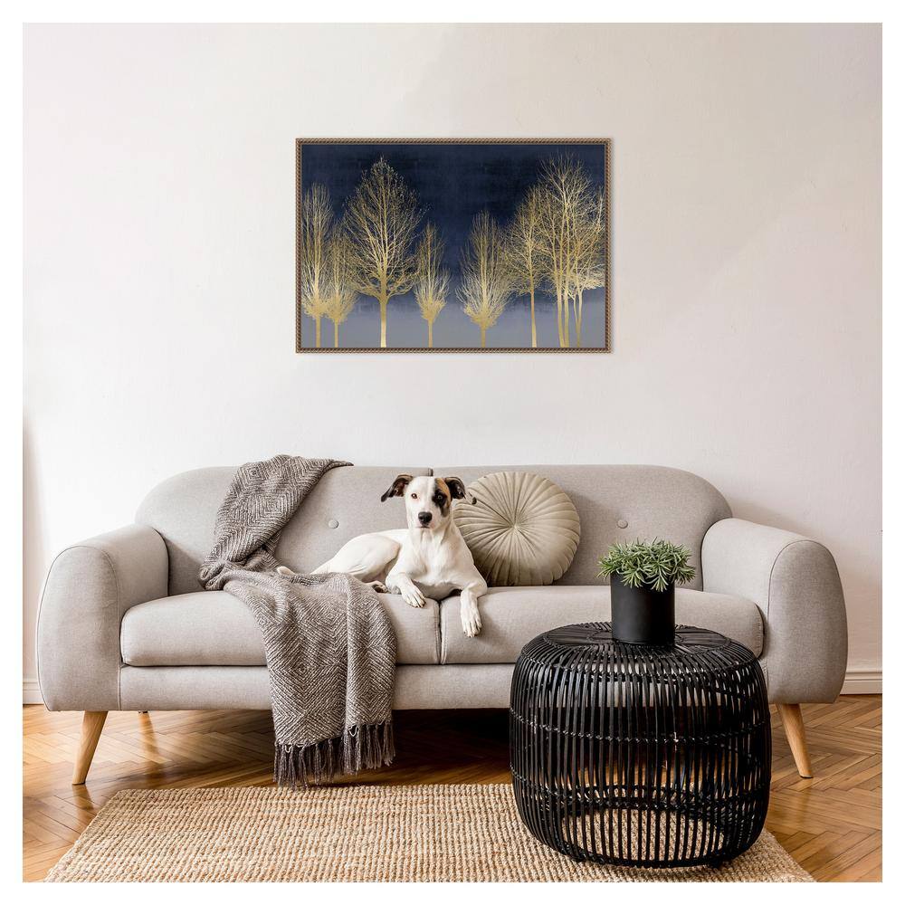 Gold Forest on Blue Beaded Framed Canvas Wall Art