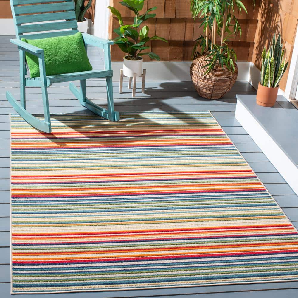Ivory and Green Geometric Striped Synthetic 3' x 5' Rug