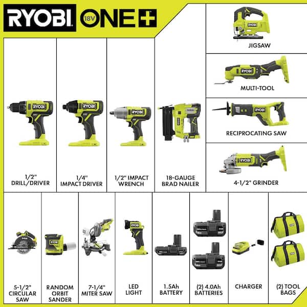 Henfald Metafor kapre RYOBI ONE+ 18V 12-Tool Combo Kit with (1) 1.5 Ah Battery and (2) 4.0 Ah  Batteries and Charger PCL2200K3N - The Home Depot