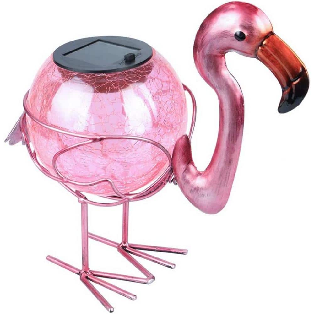 Pink Flamingo Crackle Glass Solar Tabletop Lantern