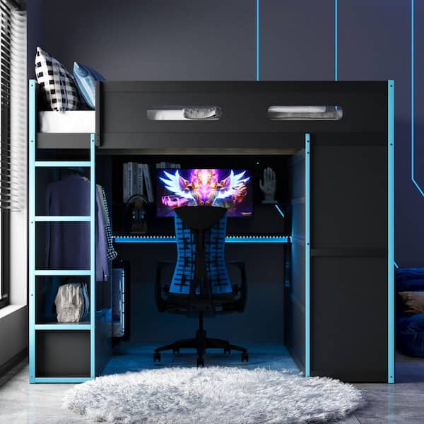 Blue Full Wood Loft Bed with Desk, Wardrobe, Ample Storage Space, and RGB LED Light