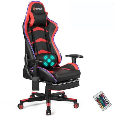 Red Massage LED Gaming Chair Reclining Racing Chair