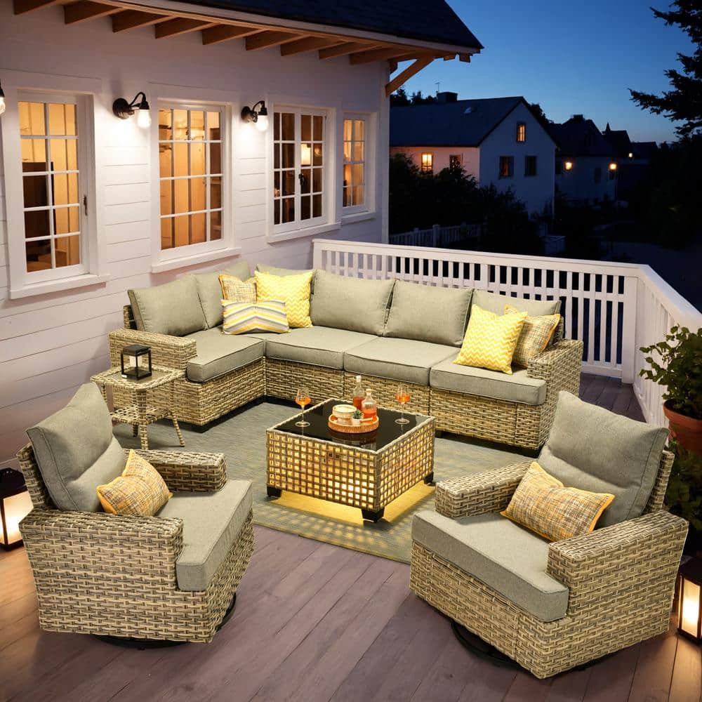 Tiberty Gray 9-Piece Wicker Patio Conversation Seating Set with Dark Gray Cushions and Swivel Chairs
