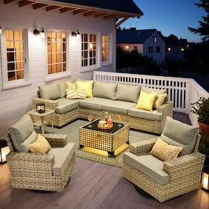 Tiberty Gray 9-Piece Wicker Patio Conversation Seating Set with Dark Gray Cushions and Swivel Chairs