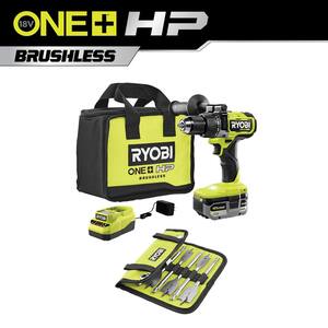 ONE+ HP 18V Brushless Cordless 1/2 in. Hammer Drill Kit with 4.0 Ah Battery, Charger, Bag, & 10-Piece Wood Spade Bit Set