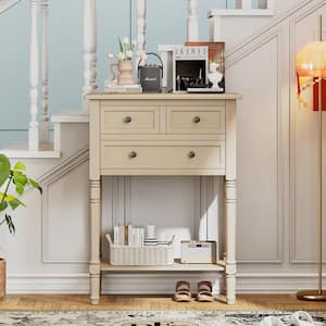 23.7 in. Beige Rectangle MDF Console Table with 3-Drawers and Bottom Shelf