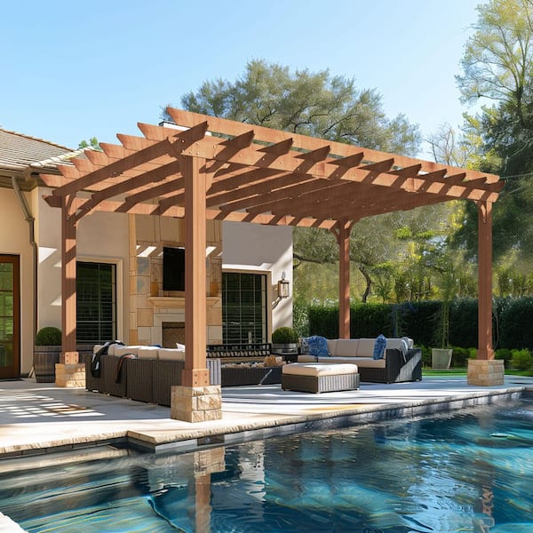 16 ft. W x 12 ft. D Brown Cedar Wood Patio Pergola Shade Structure for Outdoor
