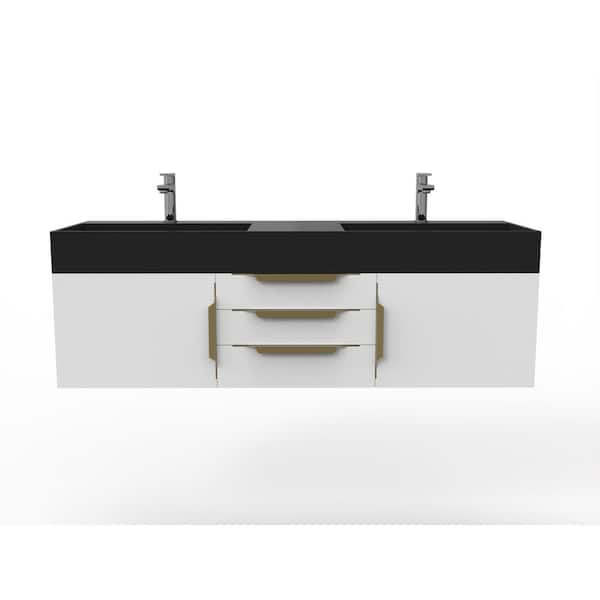 castellousa Maranon 60 in. W x 19 in. D x 19.25 in. H Double Floating Bath Vanity in White with Gold Trim Solid Surface Black Top