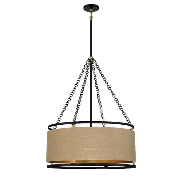 Windward Passage 6-Light Soft Brass and Black Drum Pendant with Natural Brown Rope