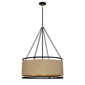 Windward Passage 6-Light Soft Brass and Black Drum Pendant with Natural Brown Rope