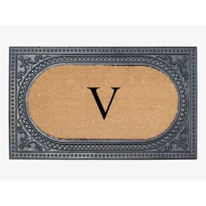 A1HC Oval Black/Beige 24 in. x 39 in. Rubber and Coir Heavy Duty Easy to Clean Monogrammed V Door Mat