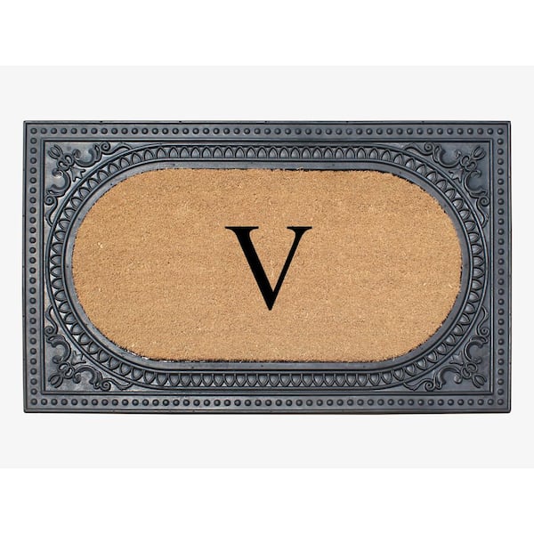 A1 Home Collections A1hc Beige 18 in. x 30 in. Natural Coir Heavy Duty PVC Backing Outdoor Monogrammed V Door Mat