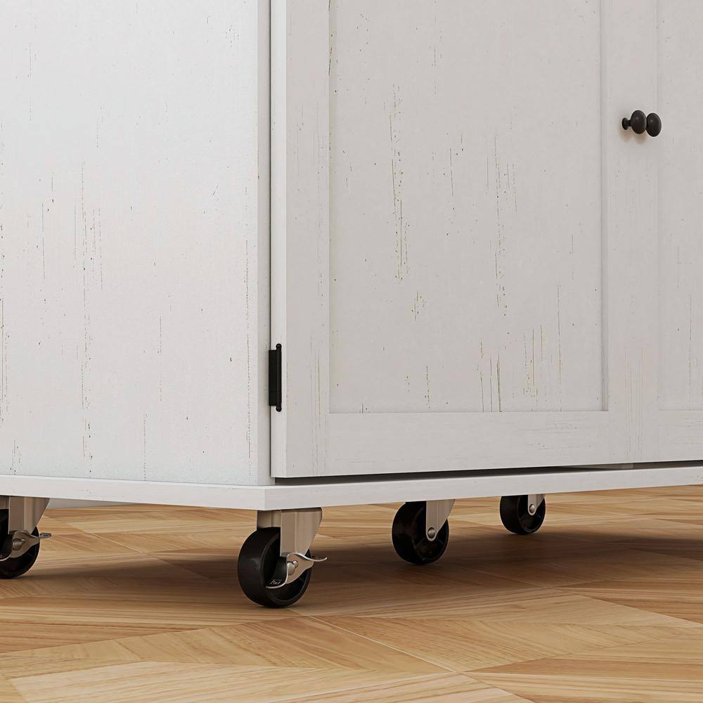 Distressed White Rubberwood Kitchen Cart with Spice Rack and Storage