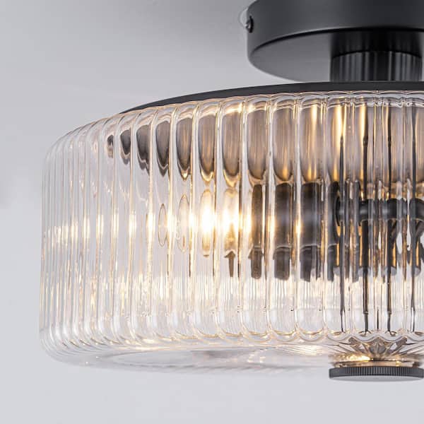 Kosyee 14 in. 3-Light Drum Matte Black Modern Semi-Flush Mount with Ribbed Glass for Kitchen Foyer Dining Room
