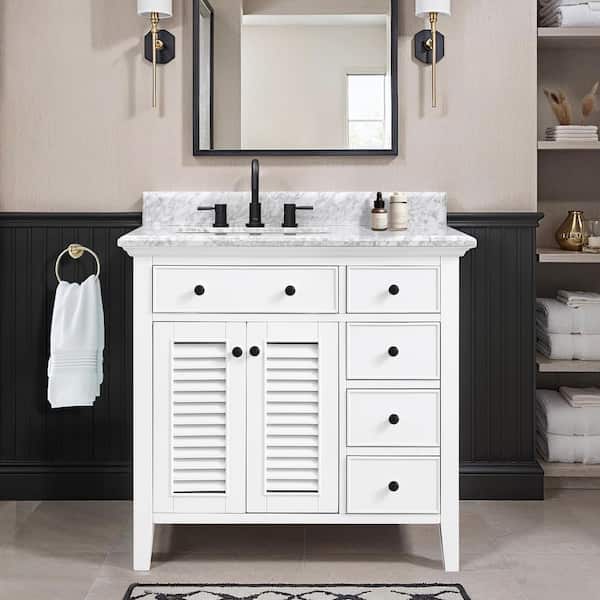 Fallworth 37 in. Single Sink White Bath Vanity with Carrara Marble Top (Assembled)